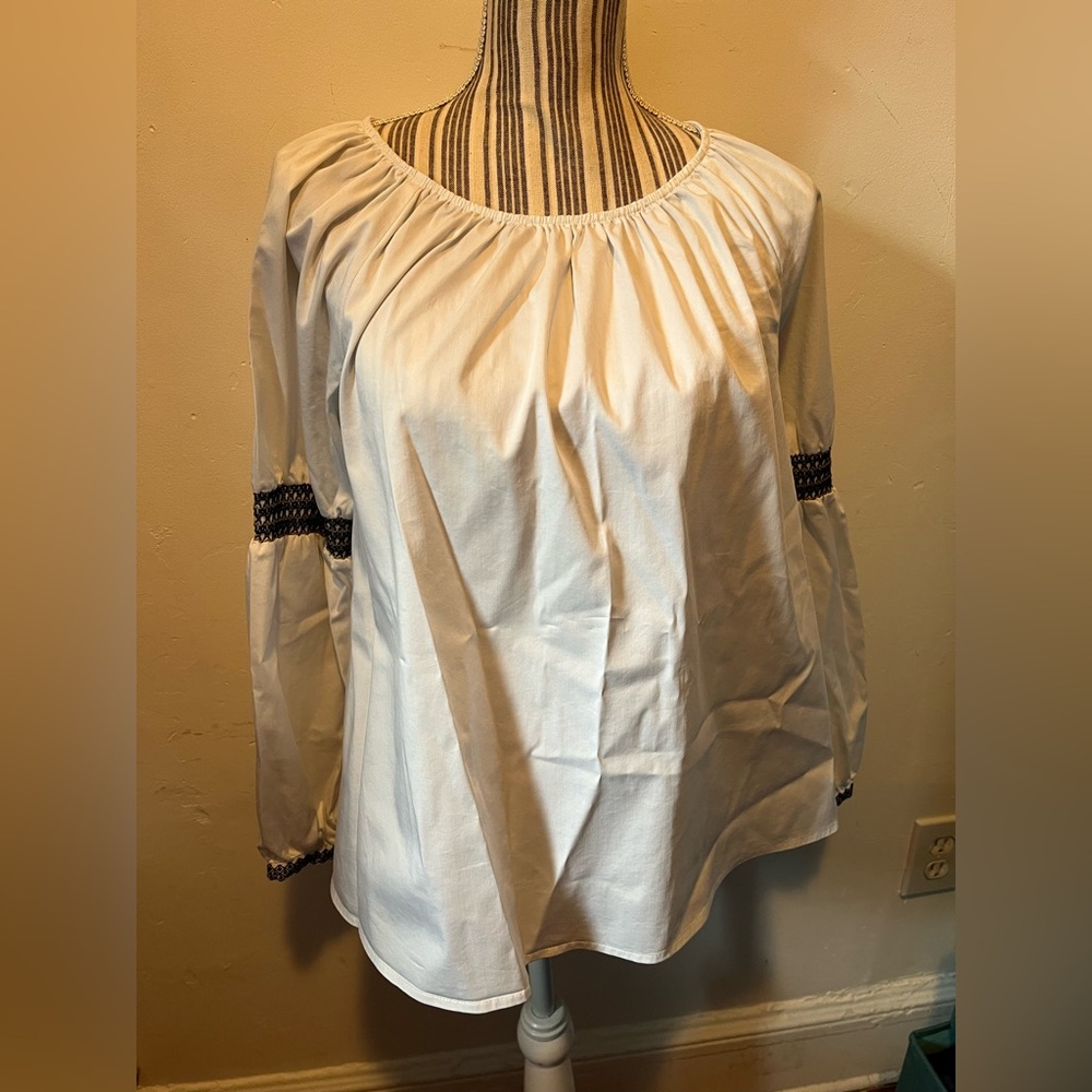 Elizabeth and James Peasant Boho Long Sleeve White Black Trim Blouse Size M